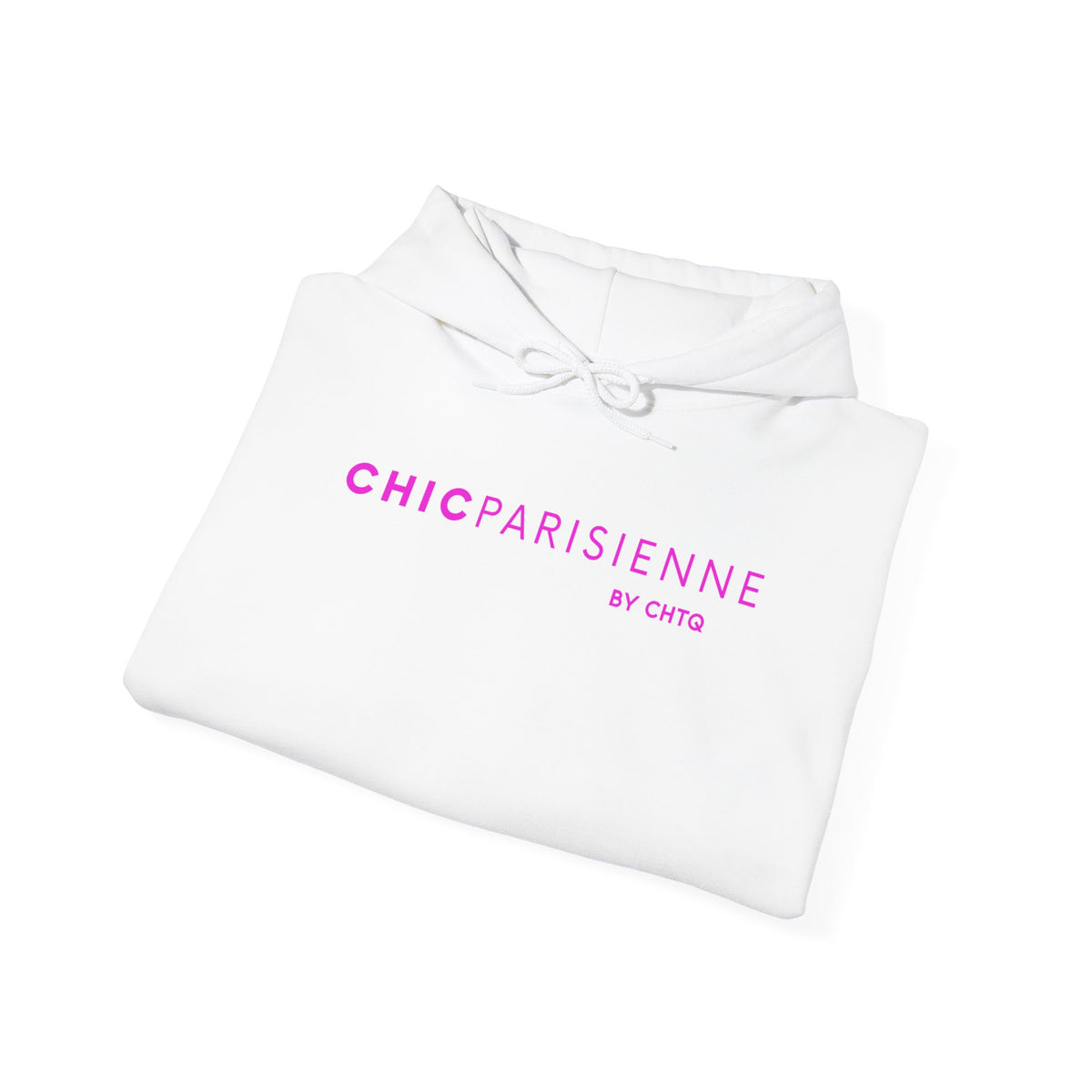 Folded white CHIC PARISIENNE BY CHTQ hoodie featuring a bright pink graphic print on the front.