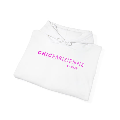 Folded white CHIC PARISIENNE BY CHTQ hoodie featuring a bright pink graphic print on the front.
