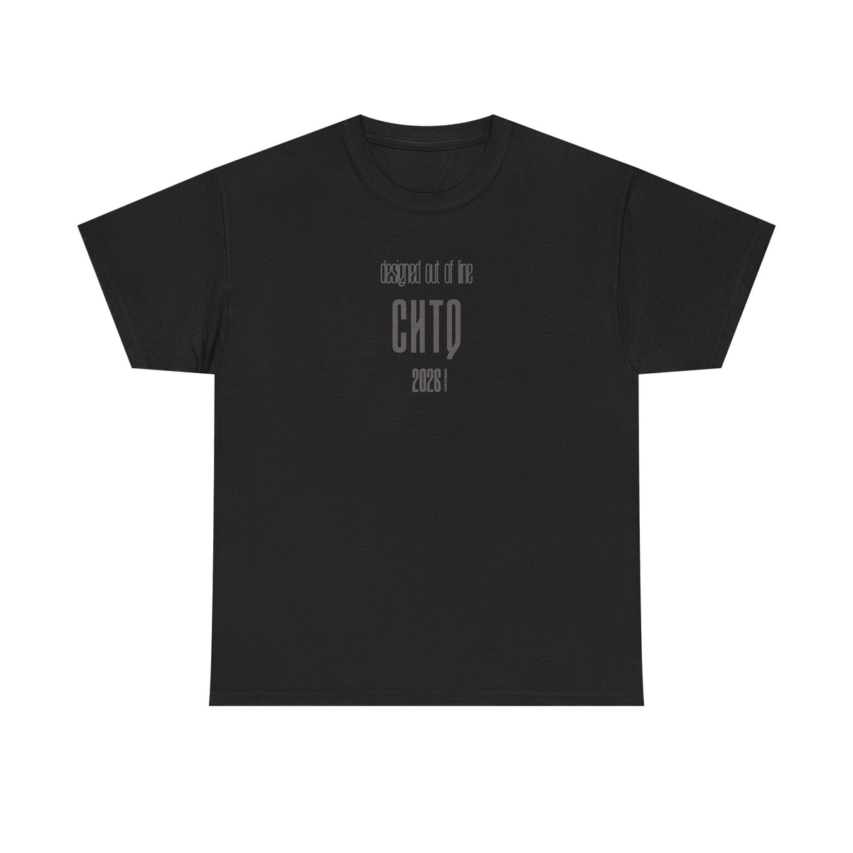 Black Designed Out of Line CHTQ Graphic T-Shirt featuring minimalist gray CHTQ typography, “designed out of line” text, and 2026 detailing on the front.