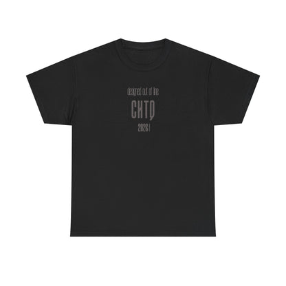 Black Designed Out of Line CHTQ Graphic T-Shirt featuring minimalist gray CHTQ typography, “designed out of line” text, and 2026 detailing on the front.