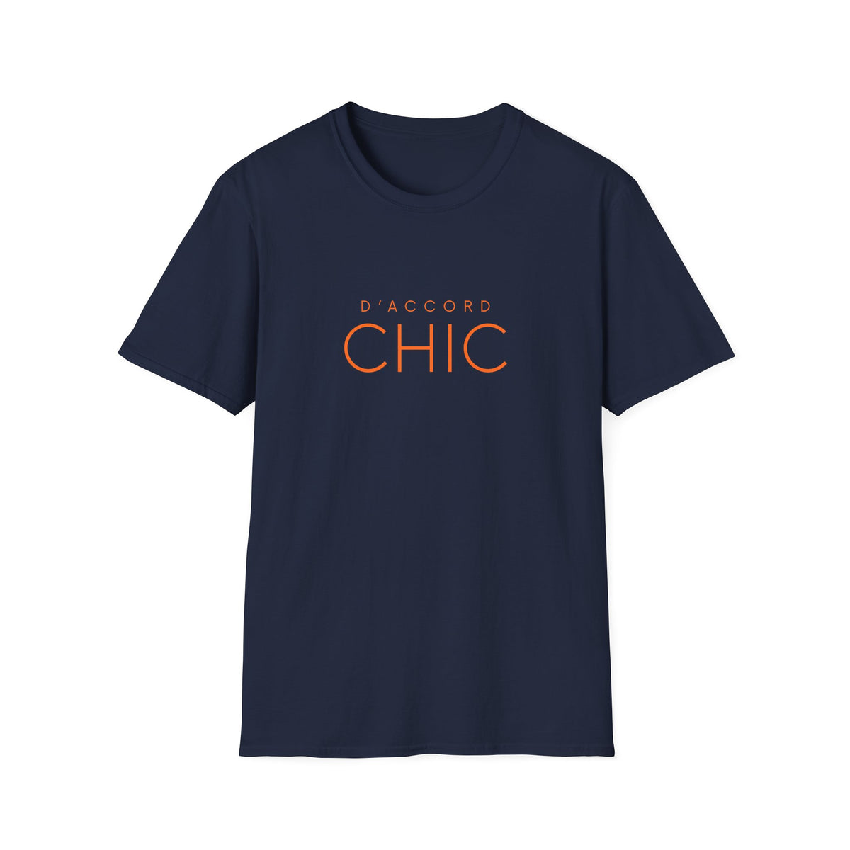 Navy blue graphic T-shirt featuring bold D’Accord Chic typography on the front.