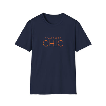 Navy blue graphic T-shirt featuring bold D’Accord Chic typography on the front.