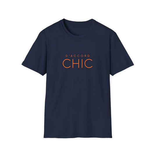Navy blue graphic T-shirt featuring bold D’Accord Chic typography on the front.