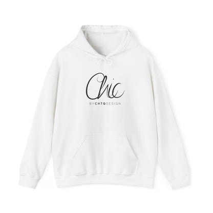 CHIC BY CHTQ DESIGN white women’s hoodie with black script graphic