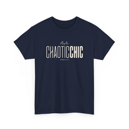 Navy blue Magnetic CHAOTICCHIC graphic T-shirt featuring cream-colored typography, handwritten Magnetic detail and CHTQ Design lettering on a white background.