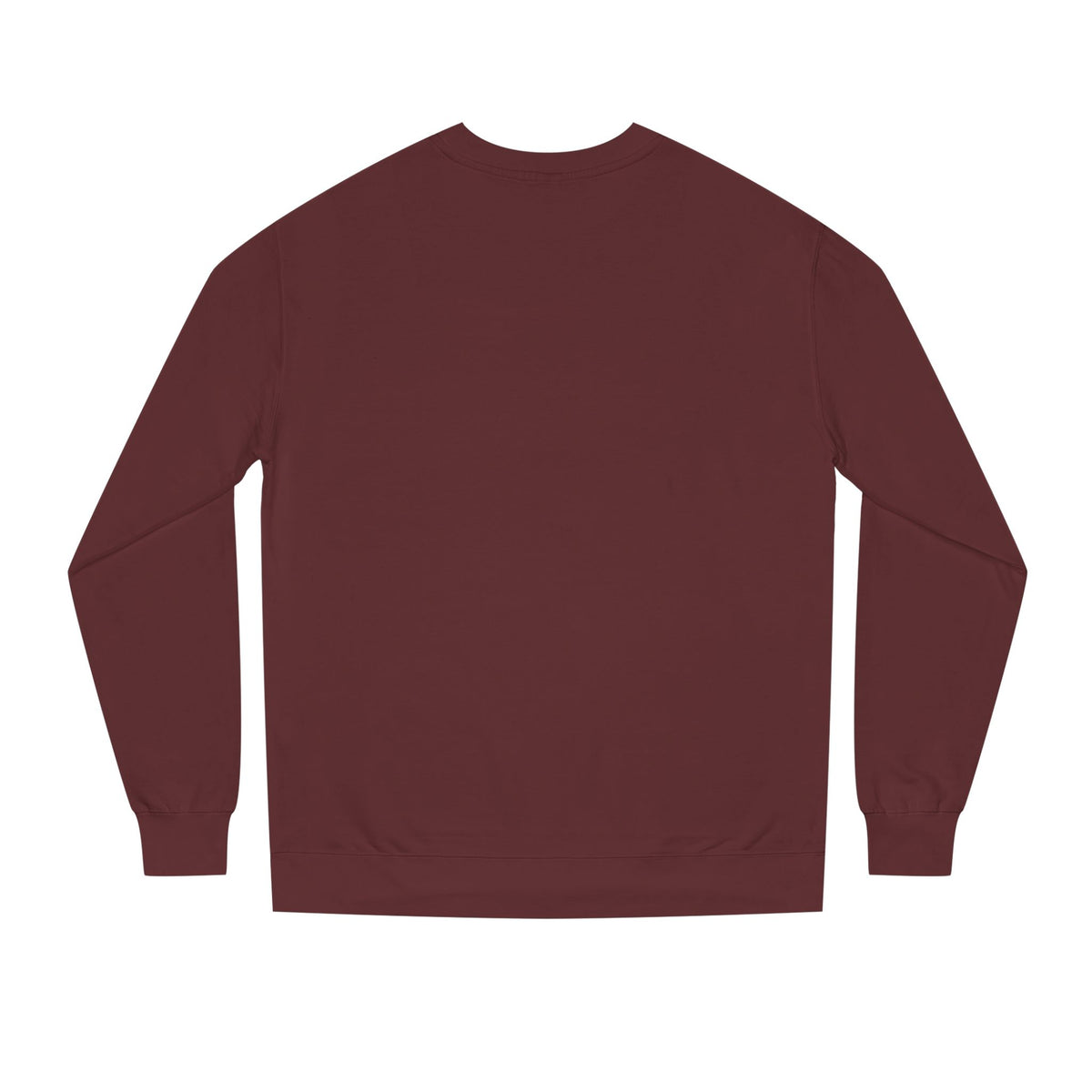 Backview of Maroon D’Accord BEAU men's crewneck sweatshirt with dark navy typography and CHTQ Design logo on the front.