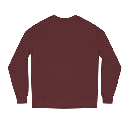 Backview of Maroon D’Accord BEAU men's crewneck sweatshirt with dark navy typography and CHTQ Design logo on the front.