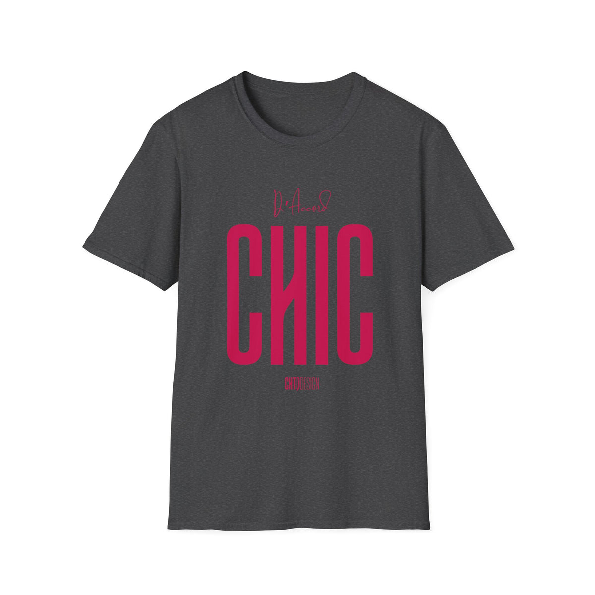Dark heather D’Accord CHIC graphic T-shirt with bold raspberry pink typography and CHTQ Design signature on the front.
