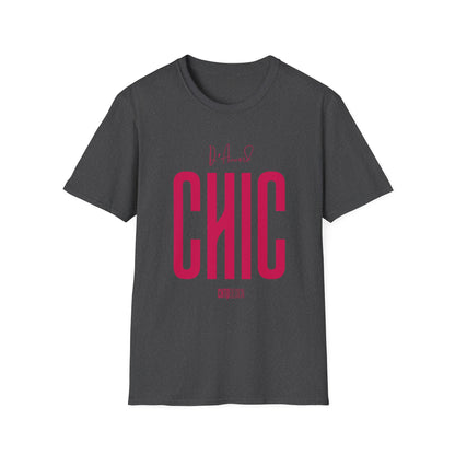 Dark heather D’Accord CHIC graphic T-shirt with bold raspberry pink typography and CHTQ Design signature on the front.