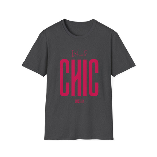 Dark heather D’Accord CHIC graphic T-shirt with bold raspberry pink typography and CHTQ Design signature on the front.