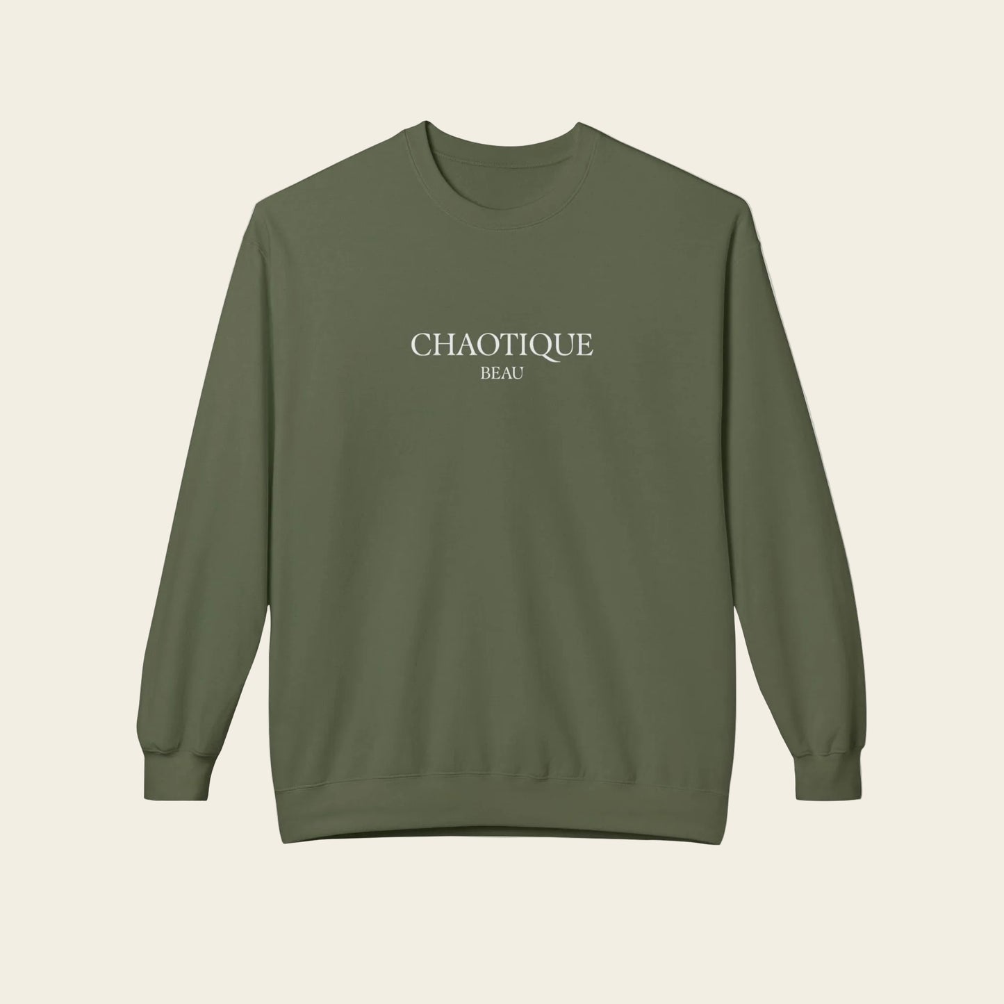 Green sweatshirt with a small logo on the chest against a white background