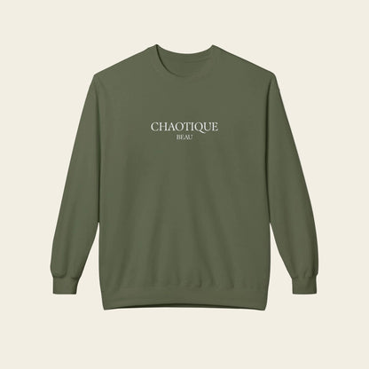 Green sweatshirt with a small logo on the chest against a white background