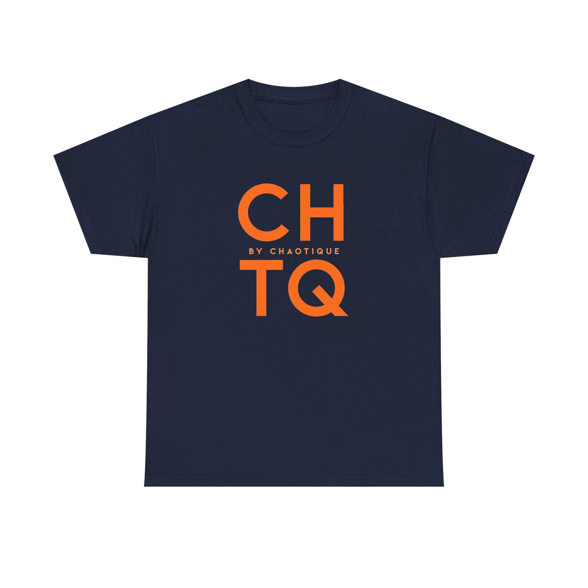 A nvay blue CHTQ BY CHAOTIQUE graphic T-shirt featuring a orange typographic print on the front, displayed against a clean white background.
