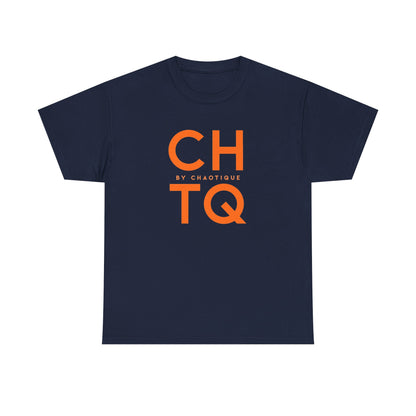 A nvay blue CHTQ BY CHAOTIQUE graphic T-shirt featuring a orange typographic print on the front, displayed against a clean white background.