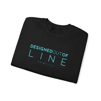 Folded Black Designed Out of Line crewneck sweatshirt by CHTQ Design with turquoise typography graphic.