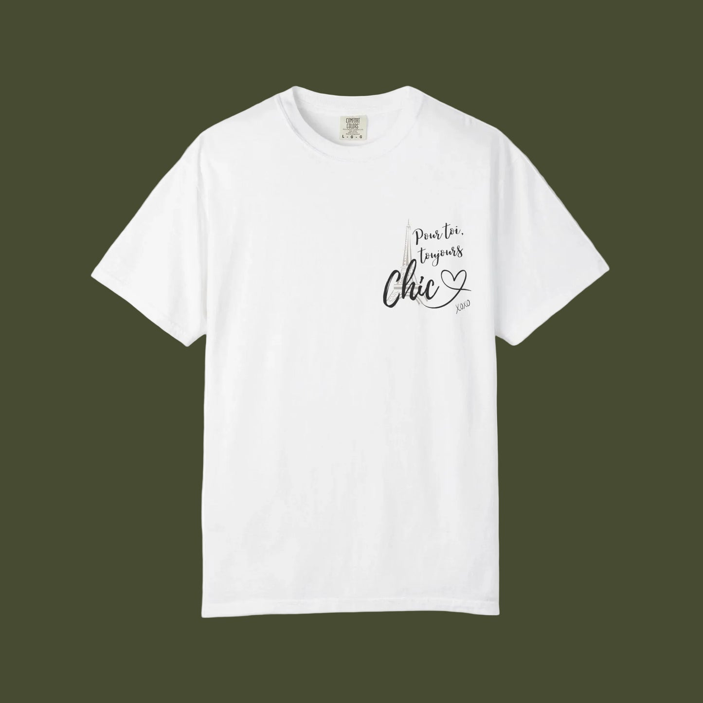 An off-white short-sleeve crewneck t-shirt with a small graphic on the left chest that reads 'pour toi toujours Chic' in black and gray lettering with a small heart below, displayed on a clean white background.