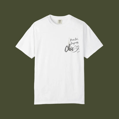 An off-white short-sleeve crewneck t-shirt with a small graphic on the left chest that reads 'pour toi toujours Chic' in black and gray lettering with a small heart below, displayed on a clean white background.