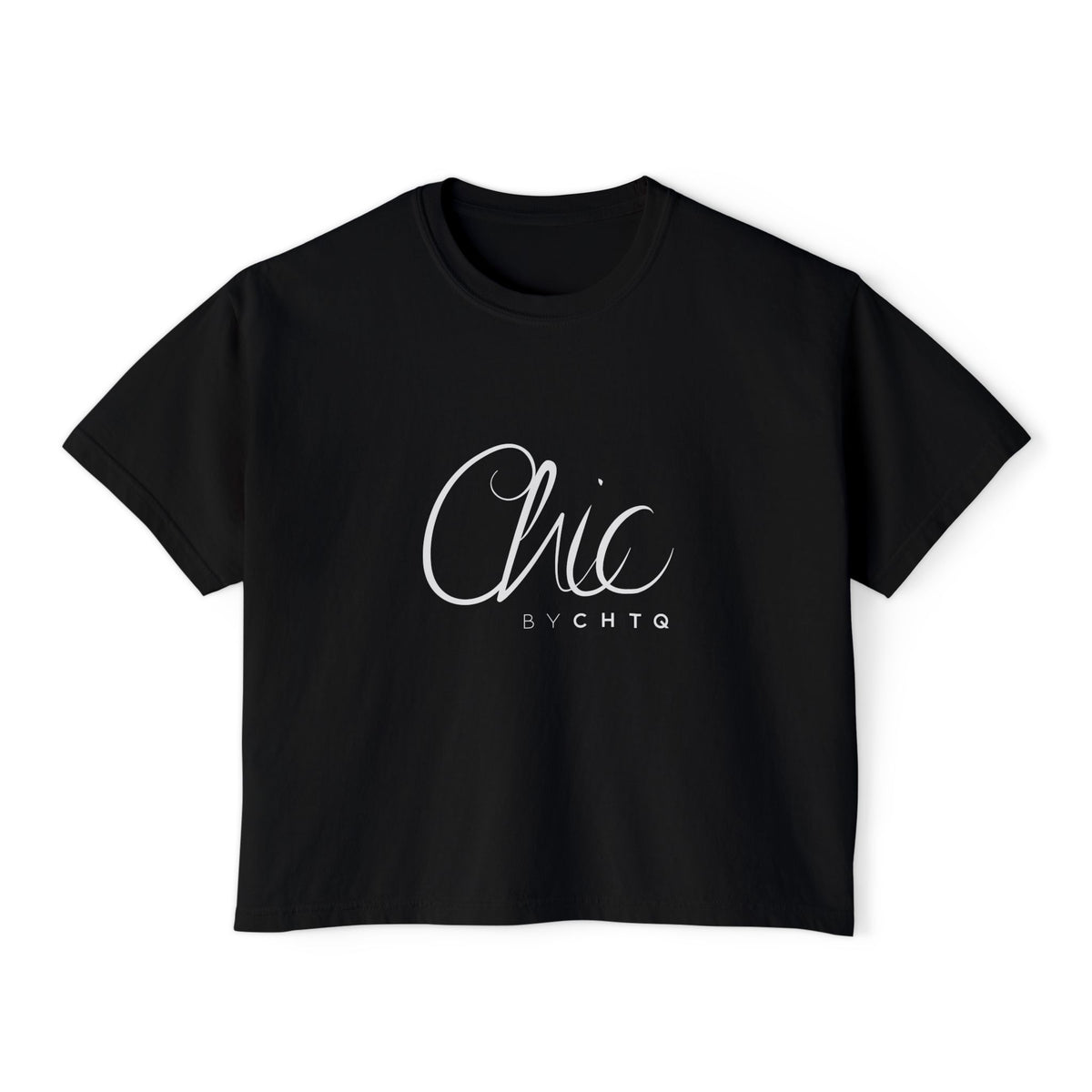 Black CHIC BY CHTQ cropped boxy T-shirt with a white script graphic on the front, paired with light-wash blue jeans, against a clean white studio background.