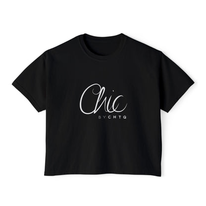 Black CHIC BY CHTQ cropped boxy T-shirt with a white script graphic on the front, paired with light-wash blue jeans, against a clean white studio background.