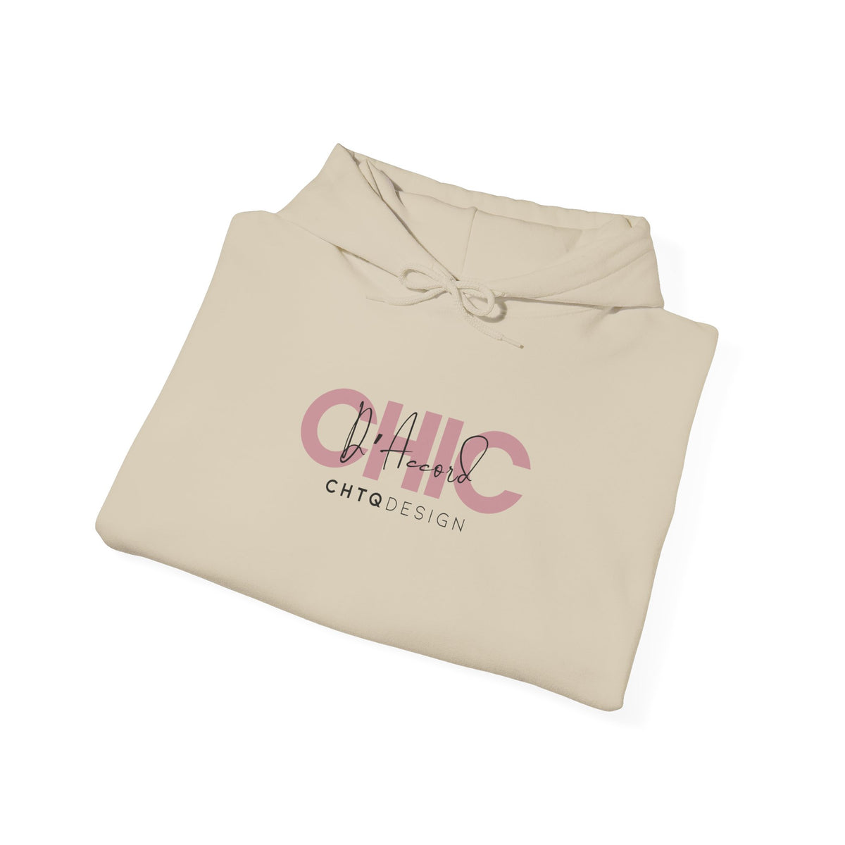 A folded CHIC D’Accord graphic hoodie in sand with rose and script chest design