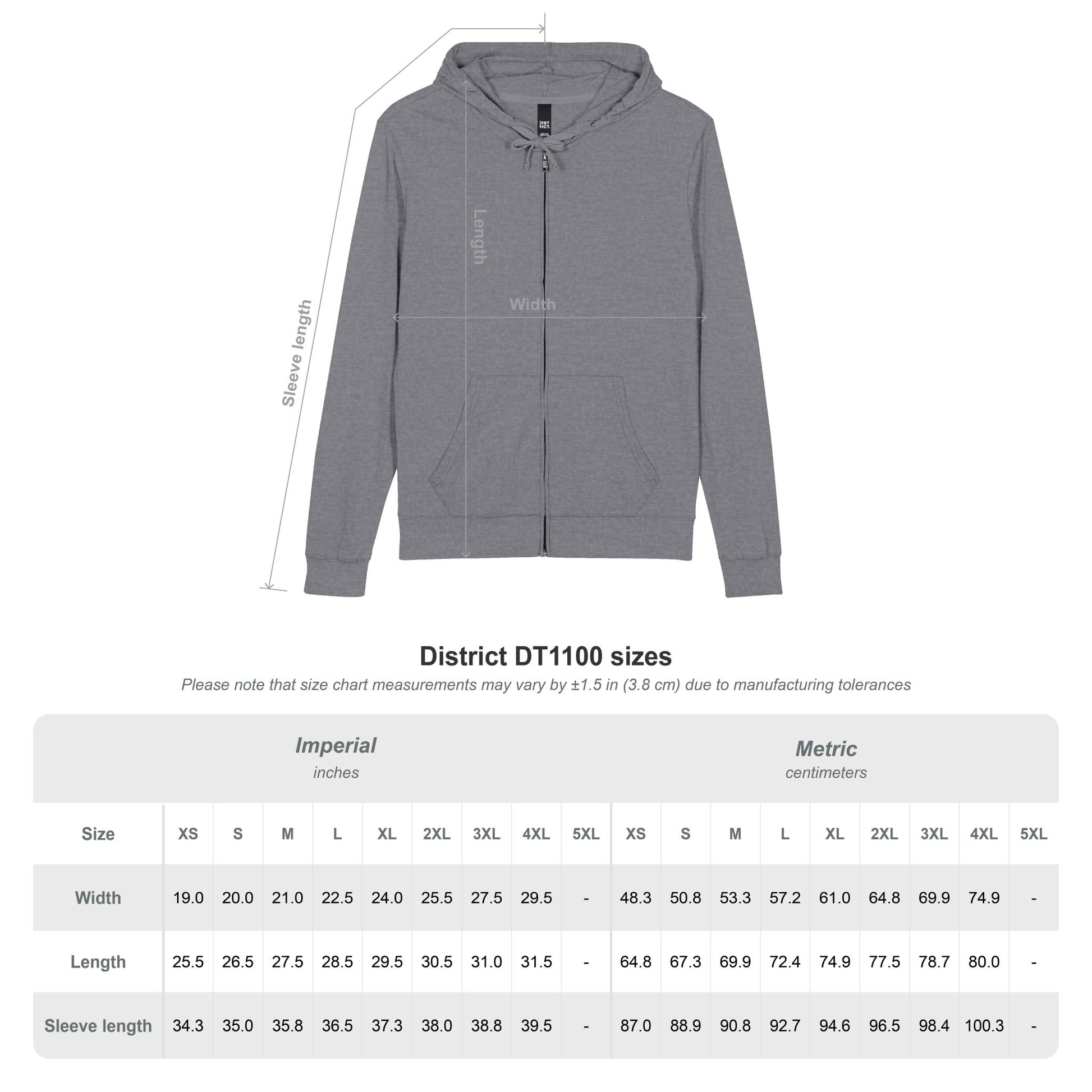 Gray hoodie with size chart on a white background