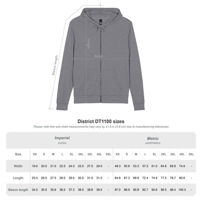 Gray hoodie with size chart on a white background