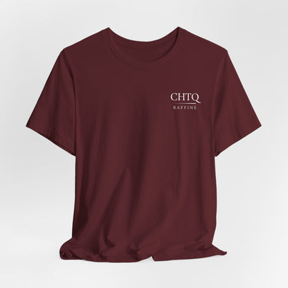 Maroon t-shirt with text CHTQ Raffine on the chest against a white background