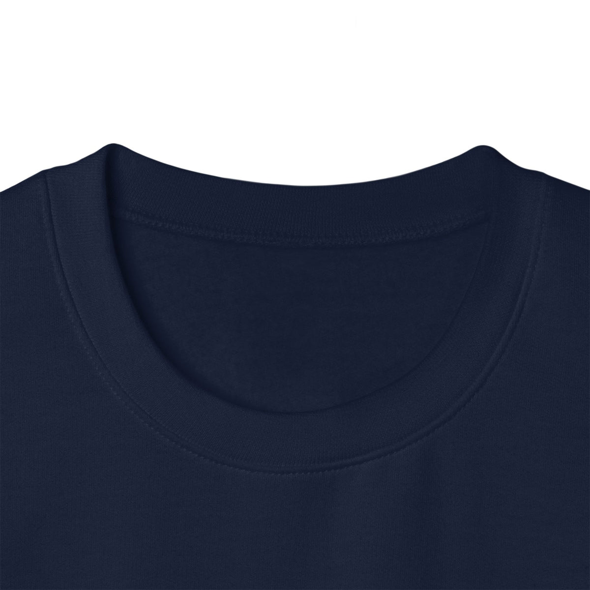 Close-up of a navy blue authentichaos crew-neck t-shirt showing the ribbed collar and neckline stitching against a plain white background.