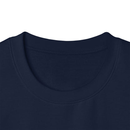 Close-up of a navy blue authentichaos crew-neck t-shirt showing the ribbed collar and neckline stitching against a plain white background.