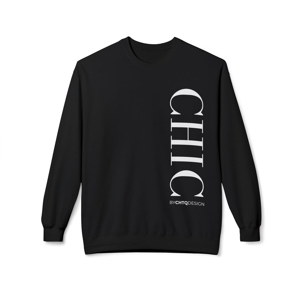 A black crewneck sweatshirt with a large vertical white 'CHIC' graphic and smaller 'BY CHTQ DESIGN' text on the front, displayed against a plain white background.