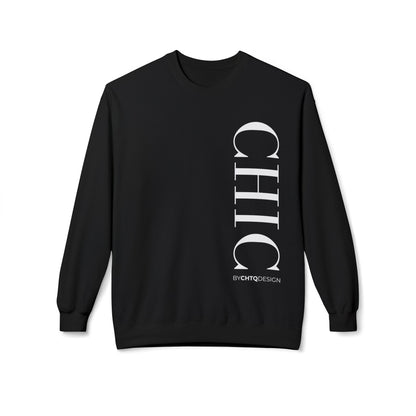 A black crewneck sweatshirt with a large vertical white 'CHIC' graphic and smaller 'BY CHTQ DESIGN' text on the front, displayed against a plain white background.