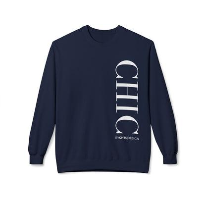 A navy crewneck sweatshirt with a large vertical white 'CHIC' graphic and smaller 'BY CHTQ DESIGN' text on the front, displayed against a plain white background.