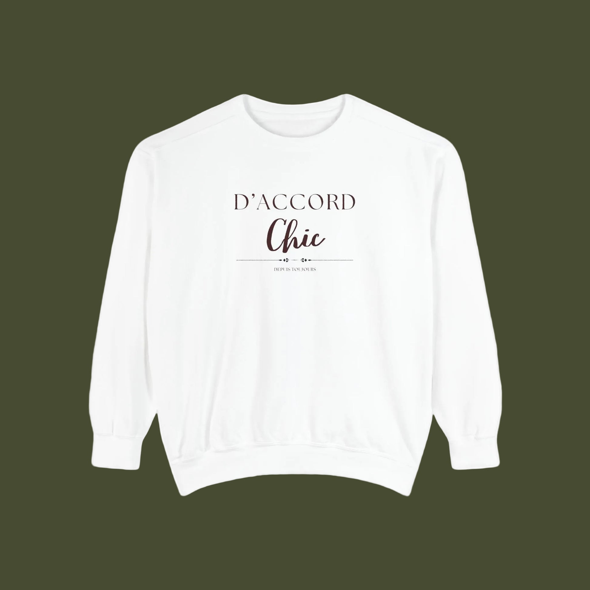 A white crewneck sweatshirt with 'D'ACCORD Chic' printed on the chest, displayed against a solid white background.