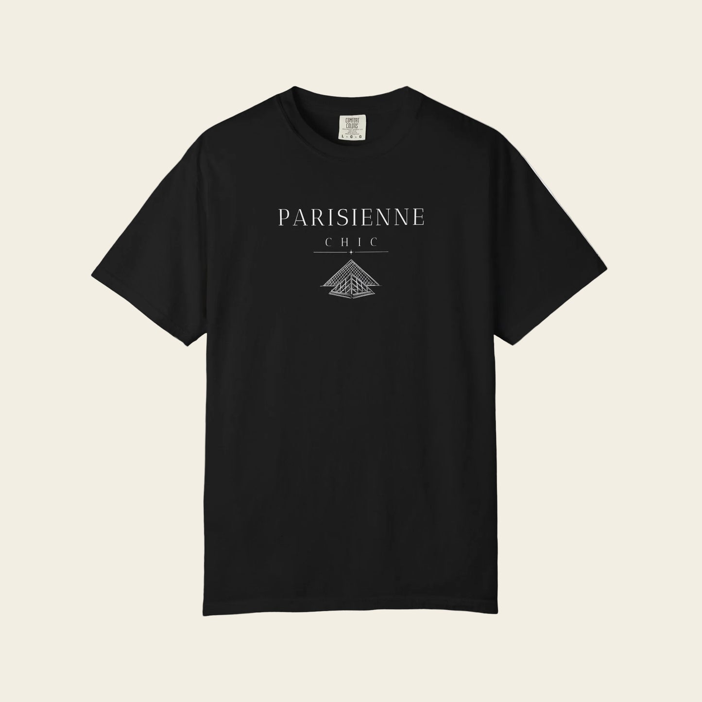 Black t-shirt with mountain graphic and text on a white background
