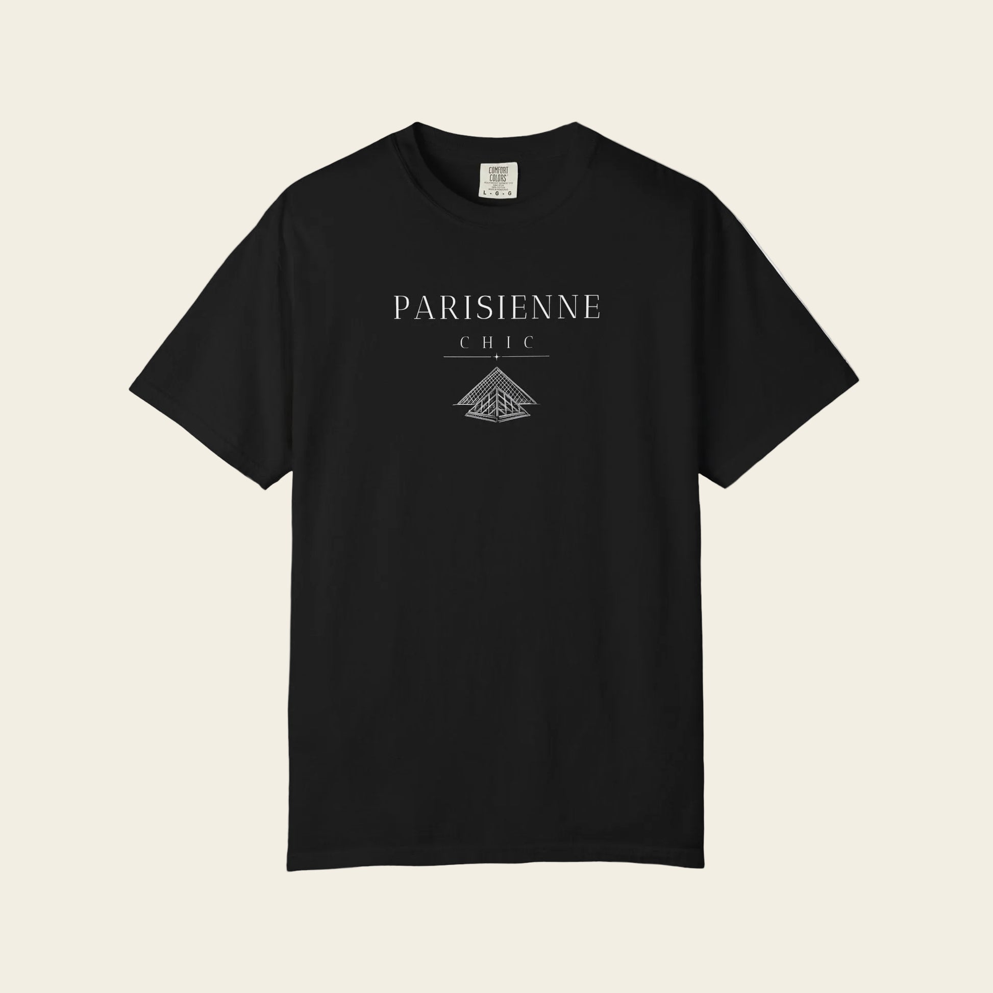 Black t-shirt with mountain graphic and text on a white background