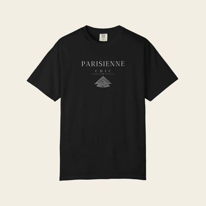 Black t-shirt with mountain graphic and text on a white background