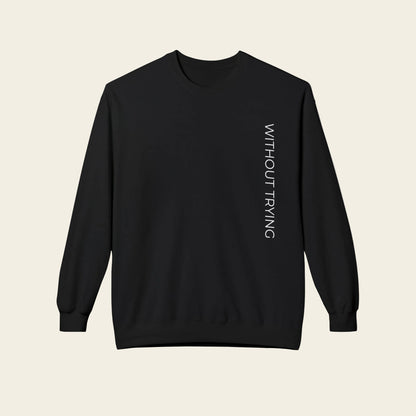 A black crewneck sweatshirt featuring a detailed black and white graphic print of a classic English manor house by a lake, with the word 'without trying' printed below the illustration.