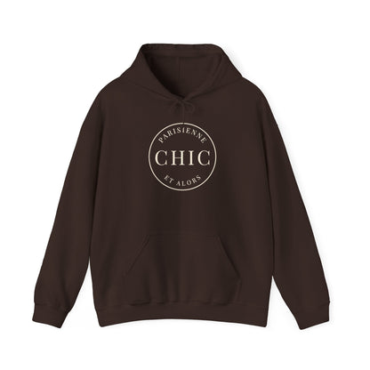 A brown hoodie featuring a cream circular “PARISIENNE CHIC ET ALORS” graphic on the front, displayed against a clean white background.
