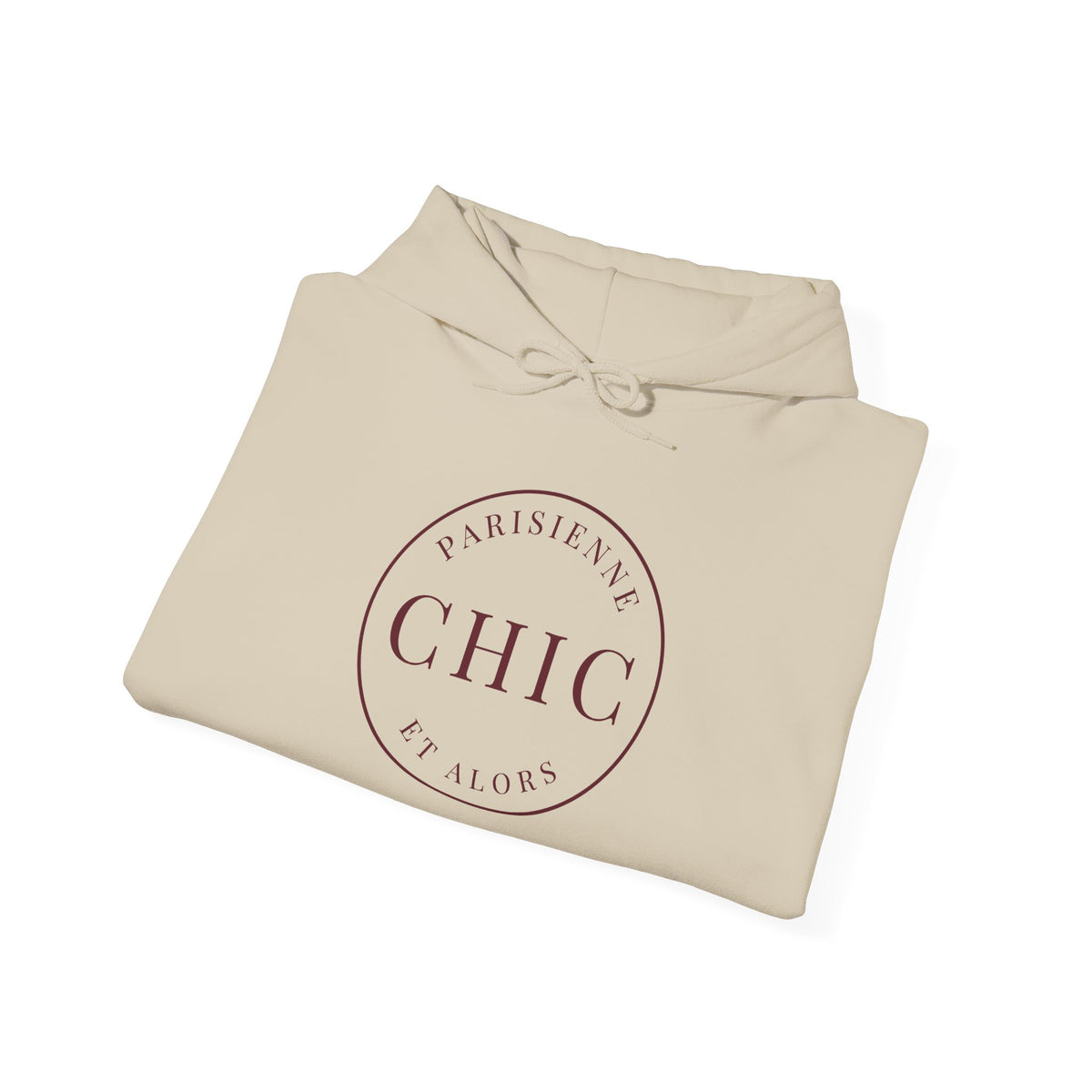 A folded beige hoodie with a circular dark red graphic on the front that reads 'PARISIENNE CHIC ET ALORS', shown on a clean white background.