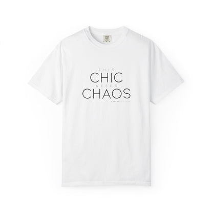 White THIS CHIC NEEDS CHAOS women’s graphic T-shirt with black minimalist typography by CHTQ Design