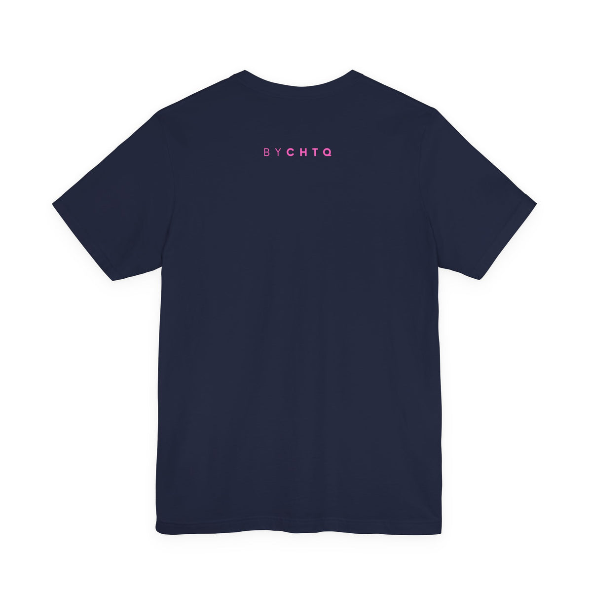 A navy blue short-sleeve crewneck T-shirt shown from the back, featuring a small 'BY CHTQ' detail below the neckline, against a neutral studio background.