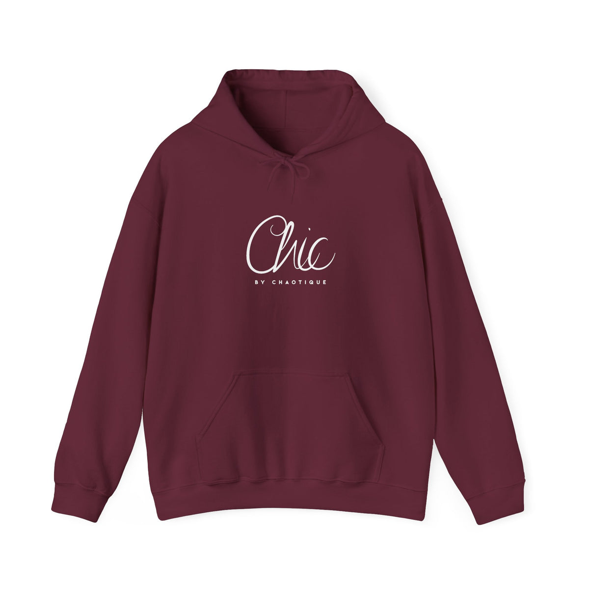 Maroon Chic by Chaotique pullover hoodie featuring an elegant white script logo on the chest and a minimalist everyday design.