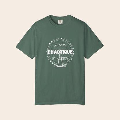 Green t-shirt with a lantern graphic and 'Je Suis Chaotique Et Alors?' text on a white background