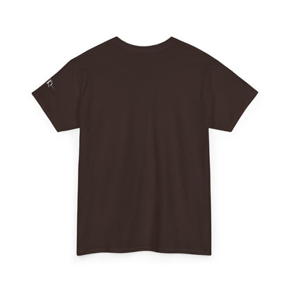 Back view of dark chocolate brown CHAOTIQUE graphic T-shirt showing the plain back and classic crewneck design.