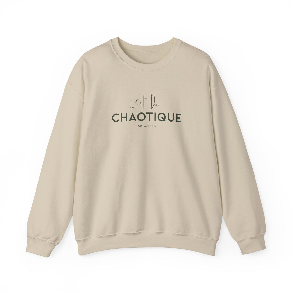 Beige L’ART DU CHAOTIQUE crewneck sweatshirt with minimalist green front typography, displayed against a clean white background.