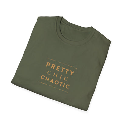 A folded green short-sleeve graphic T-shirt with 'Pretty Chic Chaotic' printed in gold on the front, displayed against a plain white background.