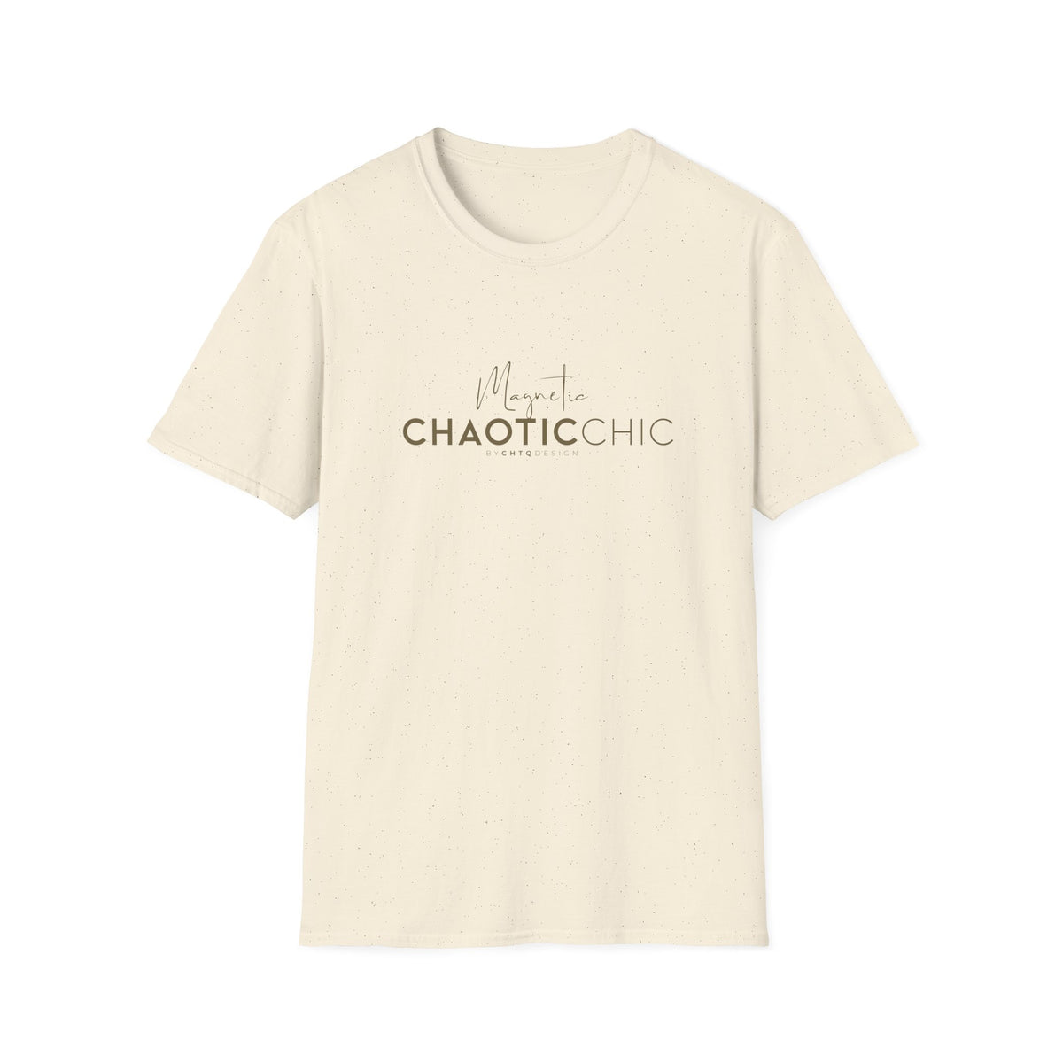 A cream colored short-sleeve graphic T-shirt with 'Magnetic Chaotic Chic' printed in green across the chest, displayed against a plain white background.