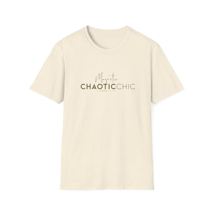 A cream colored short-sleeve graphic T-shirt with 'Magnetic Chaotic Chic' printed in green across the chest, displayed against a plain white background.