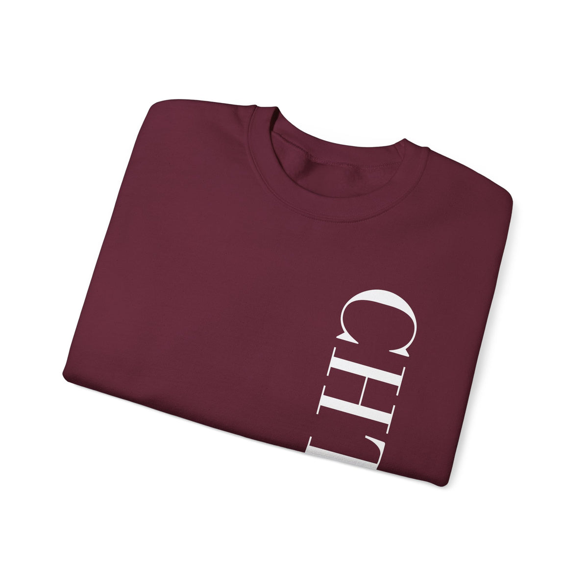 A folded maroon crewneck sweatshirt with a vertical white CHTQ DESIGN graphic on the front, displayed against a clean white background.