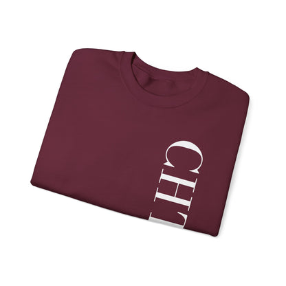A folded maroon crewneck sweatshirt with a vertical white CHTQ DESIGN graphic on the front, displayed against a clean white background.